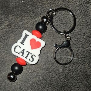 I Love Cats Handcrafted Keychain with Red and Black Beads